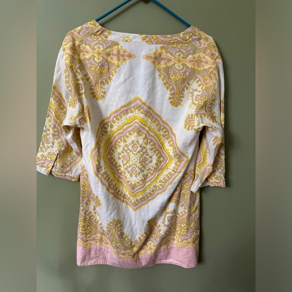J Crew Linen Beach Yellow Pink Scarf Pattern 3/4 sleeve shift dress coverup 12 - Picture 4 of 7